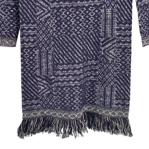 Lucky Brand Fringe Jacquard Mini Sweater Dress Long Sleeves Navy Boho Tribal XS - Picture 10 of 11
